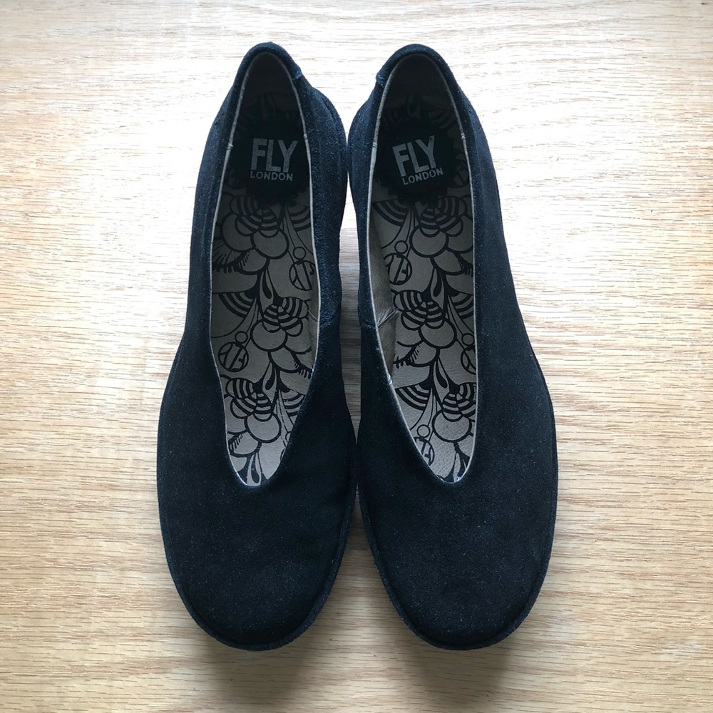 Fly London wedge shoes in black suede.